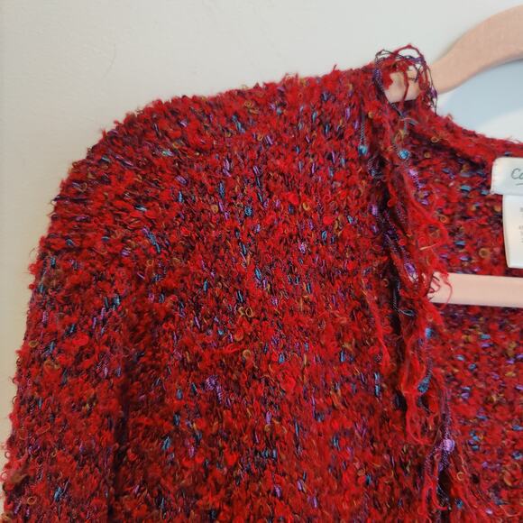 Coldwater Creek Women's Sz 1X Red Open Front Nubby Cardigan Sweater Fringe Boho - Picture 2 of 6